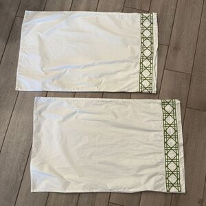 Williams Sonoma Chambers Embroidered Standard Pillowcases White Green Pair